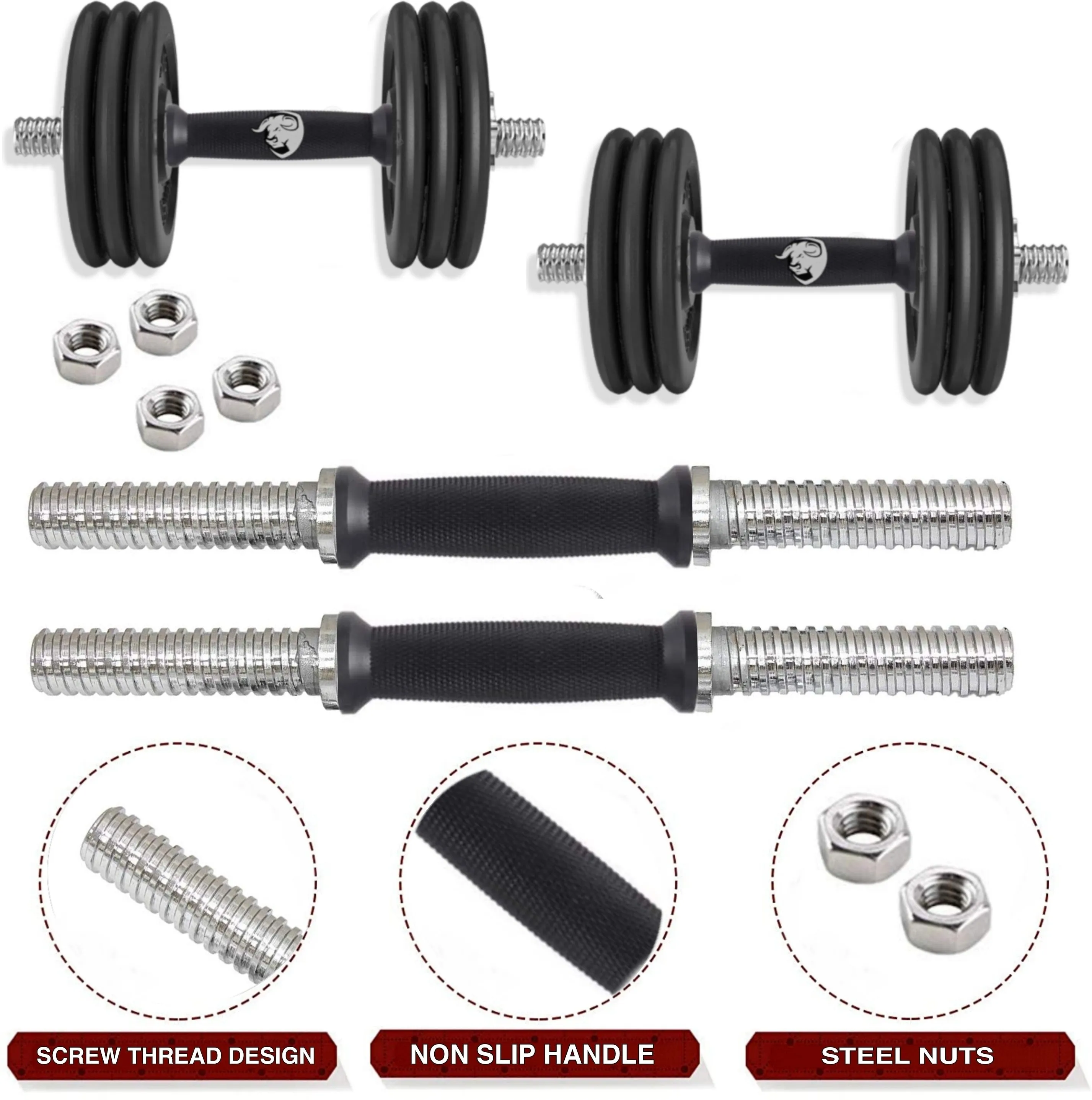 10KG GYM SET 3ft |5Ft Pair Solid Dumbbell |RUBBER Plates & ACC(19MM)