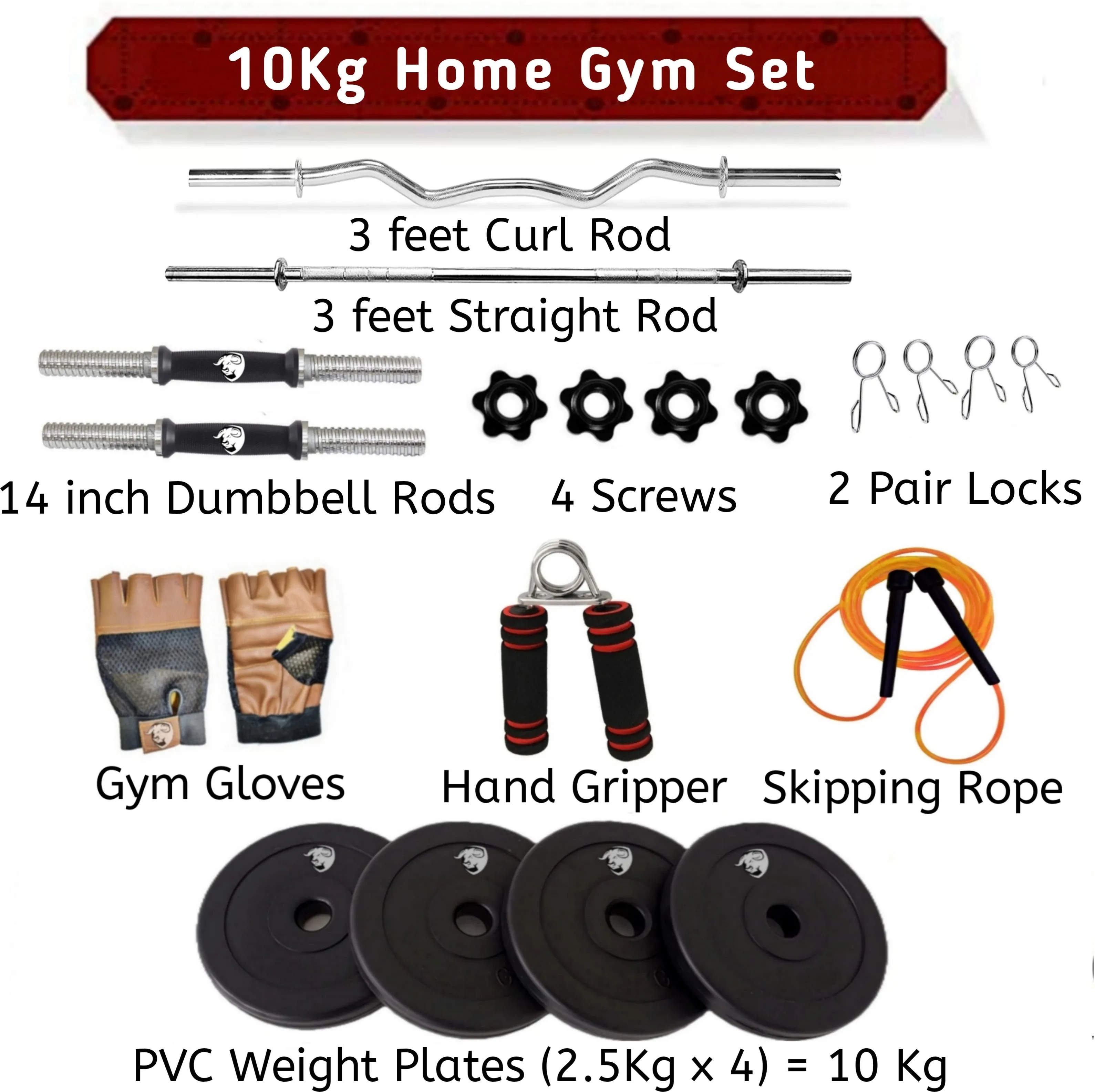 10kg KIT 3ft Curl Rod | 3ft Straight   One Pair Dumbbell Rods | Weight Plates | Exercise kit