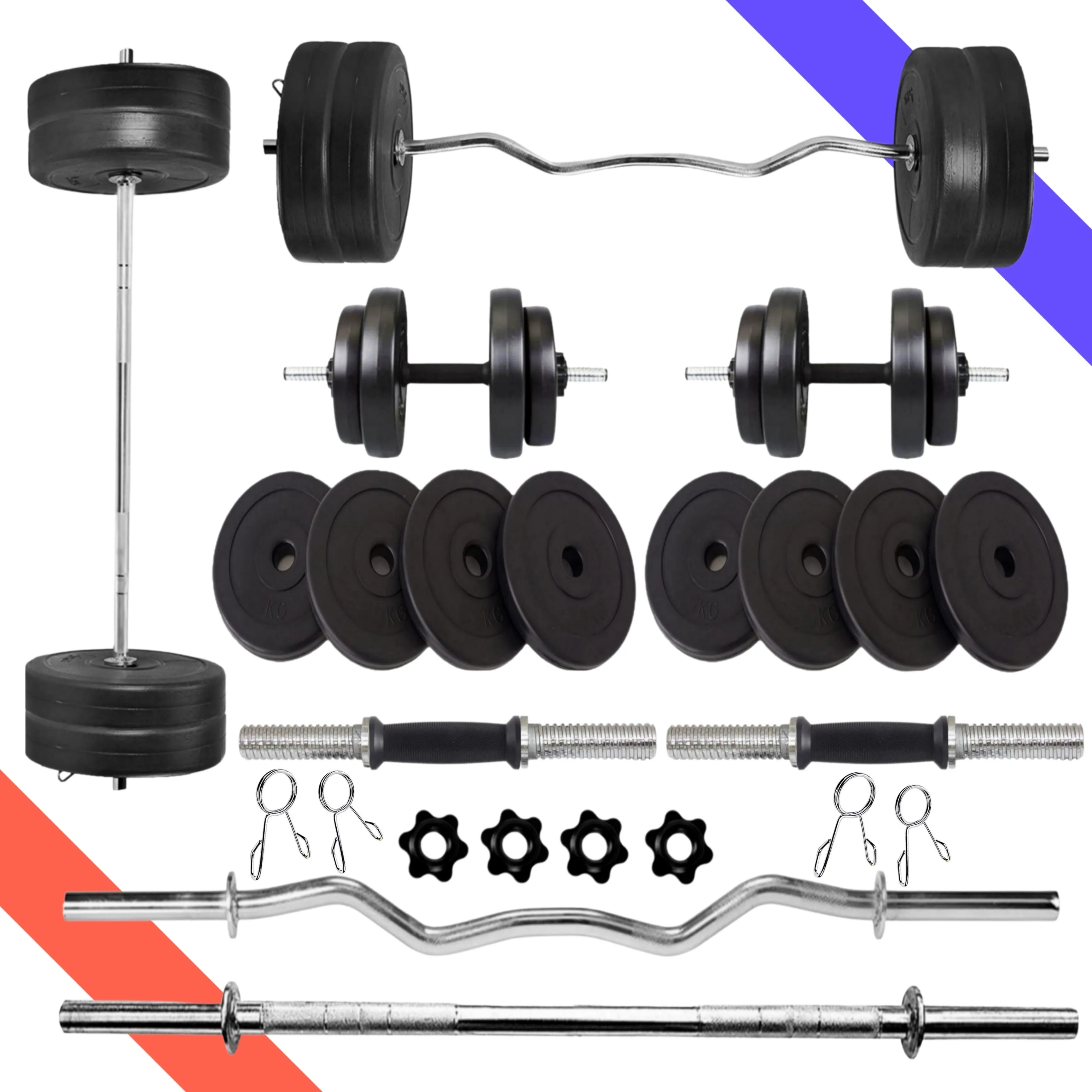 15 kg Home Gym Combo | Home Gym Set | 3ft Curl Rod | 3ft Straight   One Pair Dumbbell Rods | Weight Plates | Exercise Set