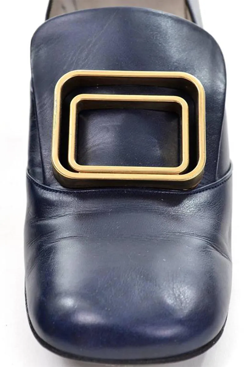 1960s Pierre Cardin Navy Blue Leather Pilgrim Shoes w/ Gold Buckles