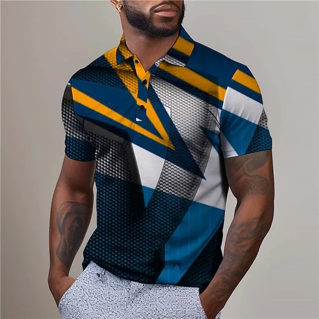 3D Geometry Print Men's Polyester Golf Polo Shirt with Turndown Collar and Zip Neckline