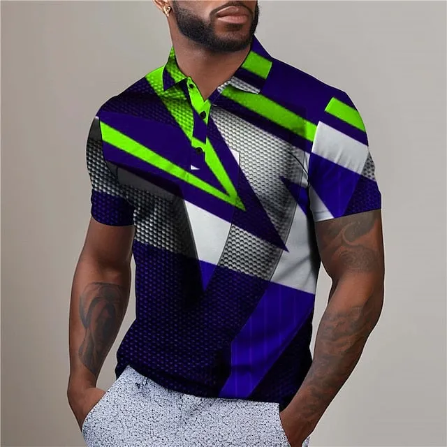 3D Geometry Print Men's Polyester Golf Polo Shirt with Turndown Collar and Zip Neckline