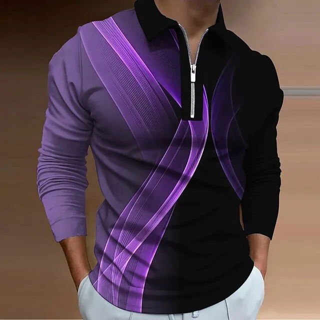 Abstract Gradient Men's Long Sleeve Polo Shirt with 3D Zipper Detail