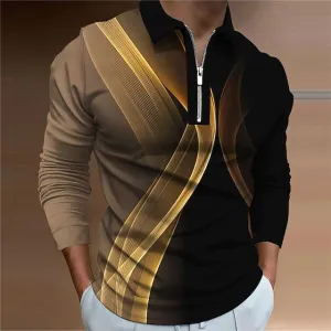 Abstract Gradient Men's Long Sleeve Polo Shirt with 3D Zipper Detail