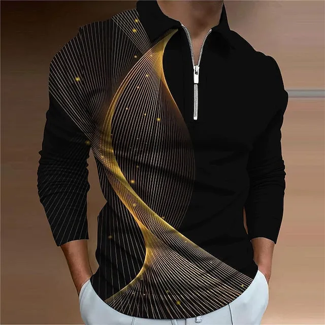 Abstract Gradient Men's Long Sleeve Polo Shirt with 3D Zipper Detail