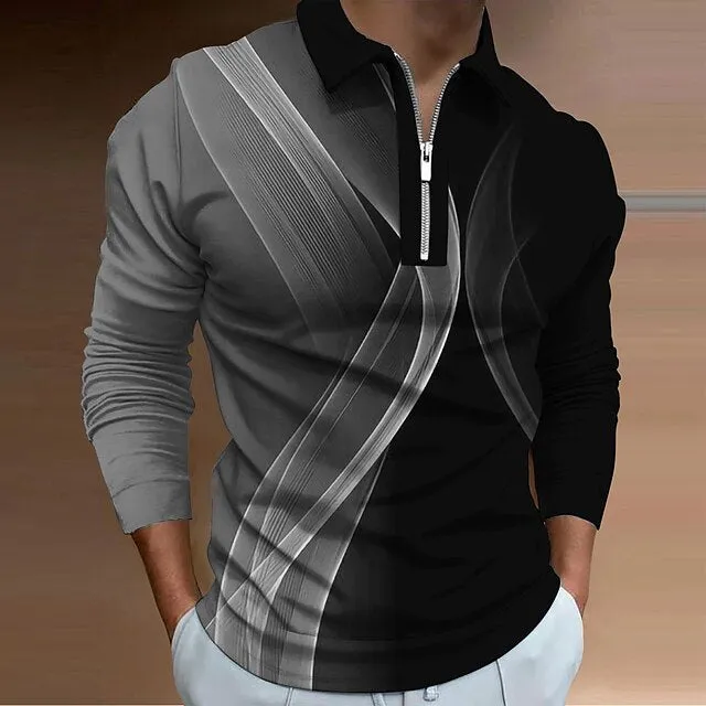 Abstract Gradient Men's Long Sleeve Polo Shirt with 3D Zipper Detail