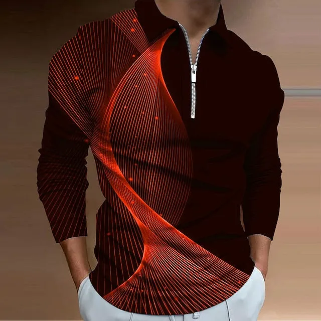 Abstract Gradient Men's Long Sleeve Polo Shirt with 3D Zipper Detail