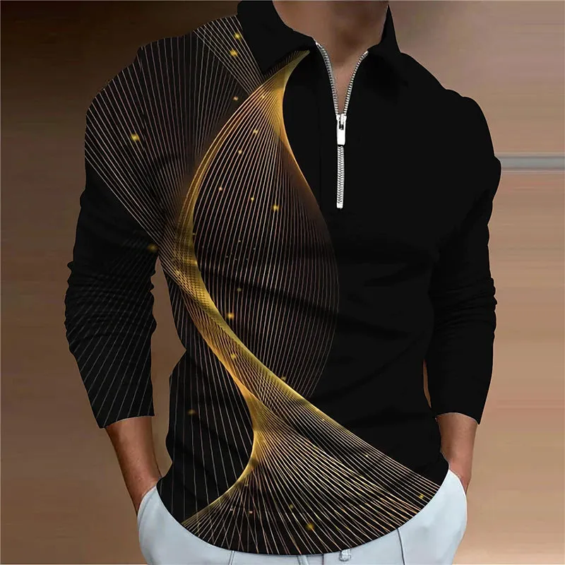 Abstract Gradient Men's Long Sleeve Polo Shirt with 3D Zipper Detail