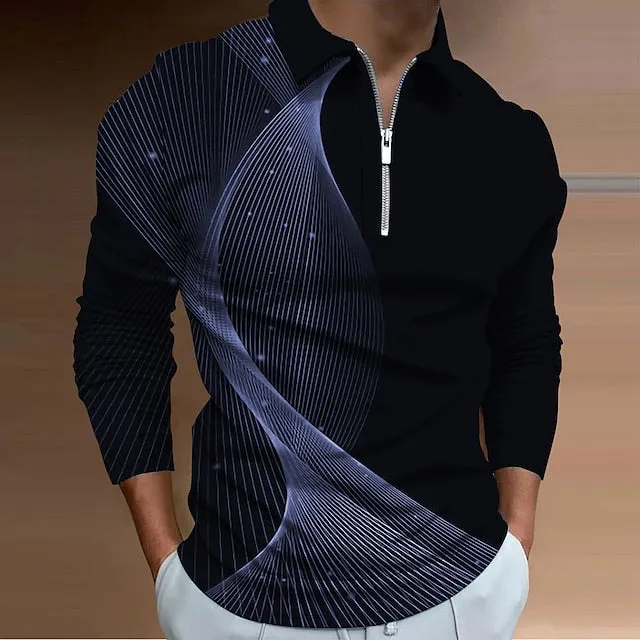 Abstract Gradient Men's Long Sleeve Polo Shirt with 3D Zipper Detail