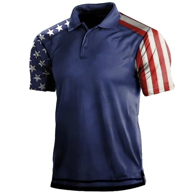 American Flag Long Sleeve Men's Golf Polo Shirt Navy Blue Streetwear Zip Neckline Sweatshirt