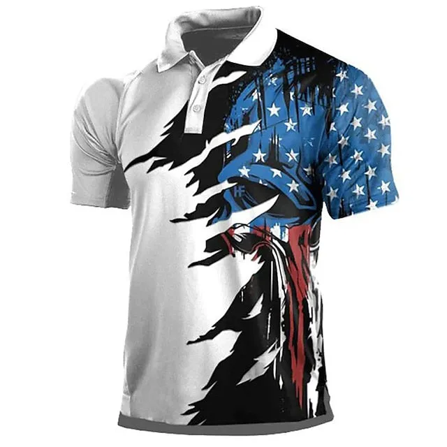 American Flag Long Sleeve Men's Golf Polo Shirt Navy Blue Streetwear Zip Neckline Sweatshirt