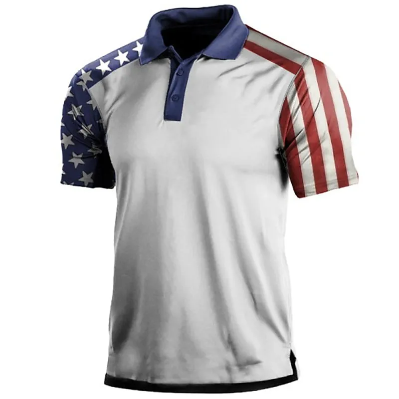 American Flag Long Sleeve Men's Golf Polo Shirt Navy Blue Streetwear Zip Neckline Sweatshirt