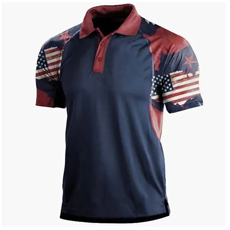 American Flag Long Sleeve Men's Golf Polo Shirt Navy Blue Streetwear Zip Neckline Sweatshirt