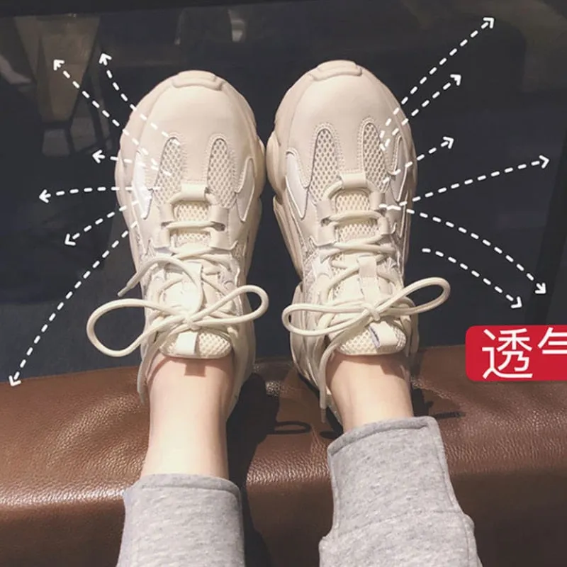 Amozae  Platform Sneakers Women Shoes Casual Lace Up Thick Sole Single Shoes Woman Sports Shoes Leather Vulcanize Shoes Beige Black