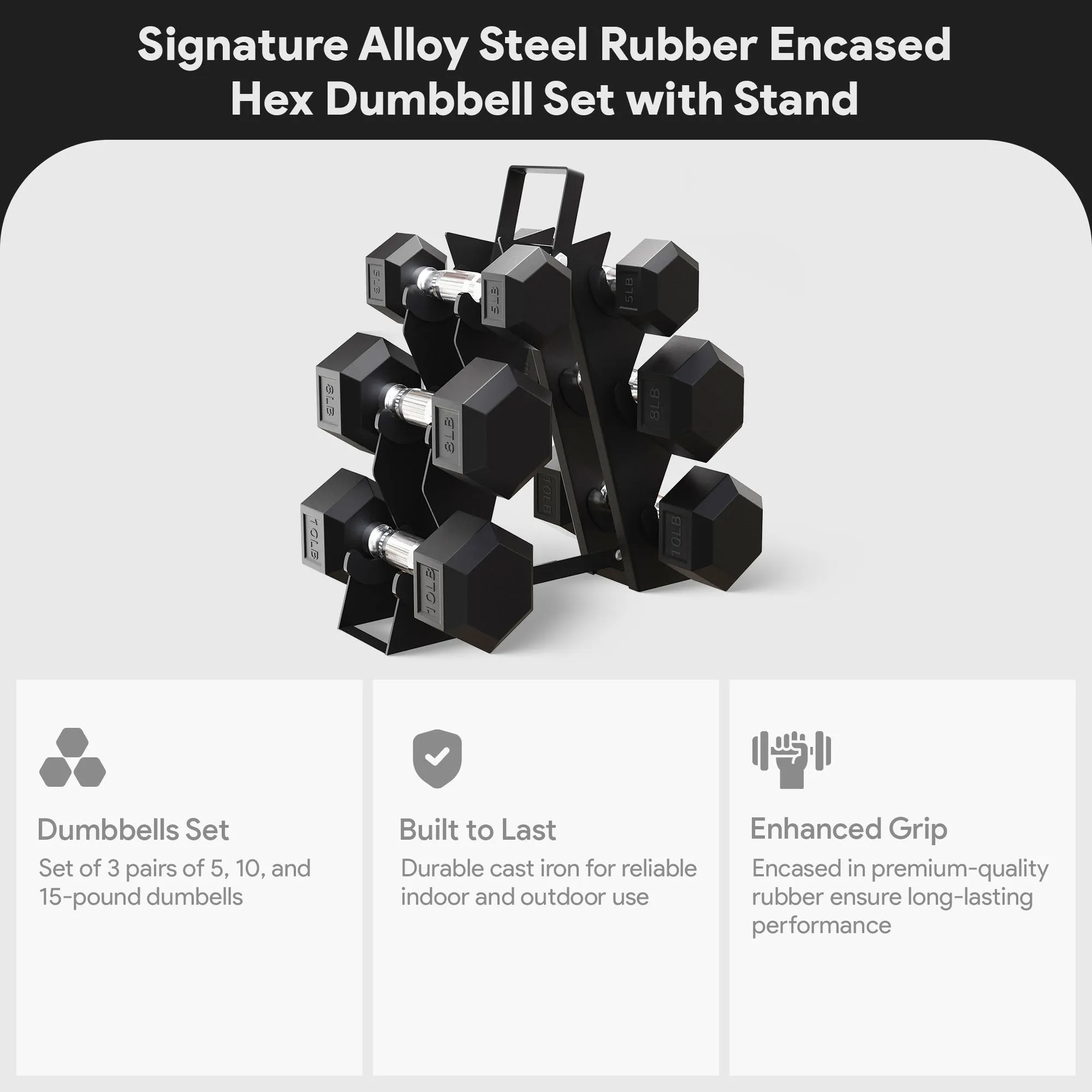 BalanceFrom Rubber Encased Hex 5, 8, and 10 Pound Dumbbell Pairs with Metal Rack