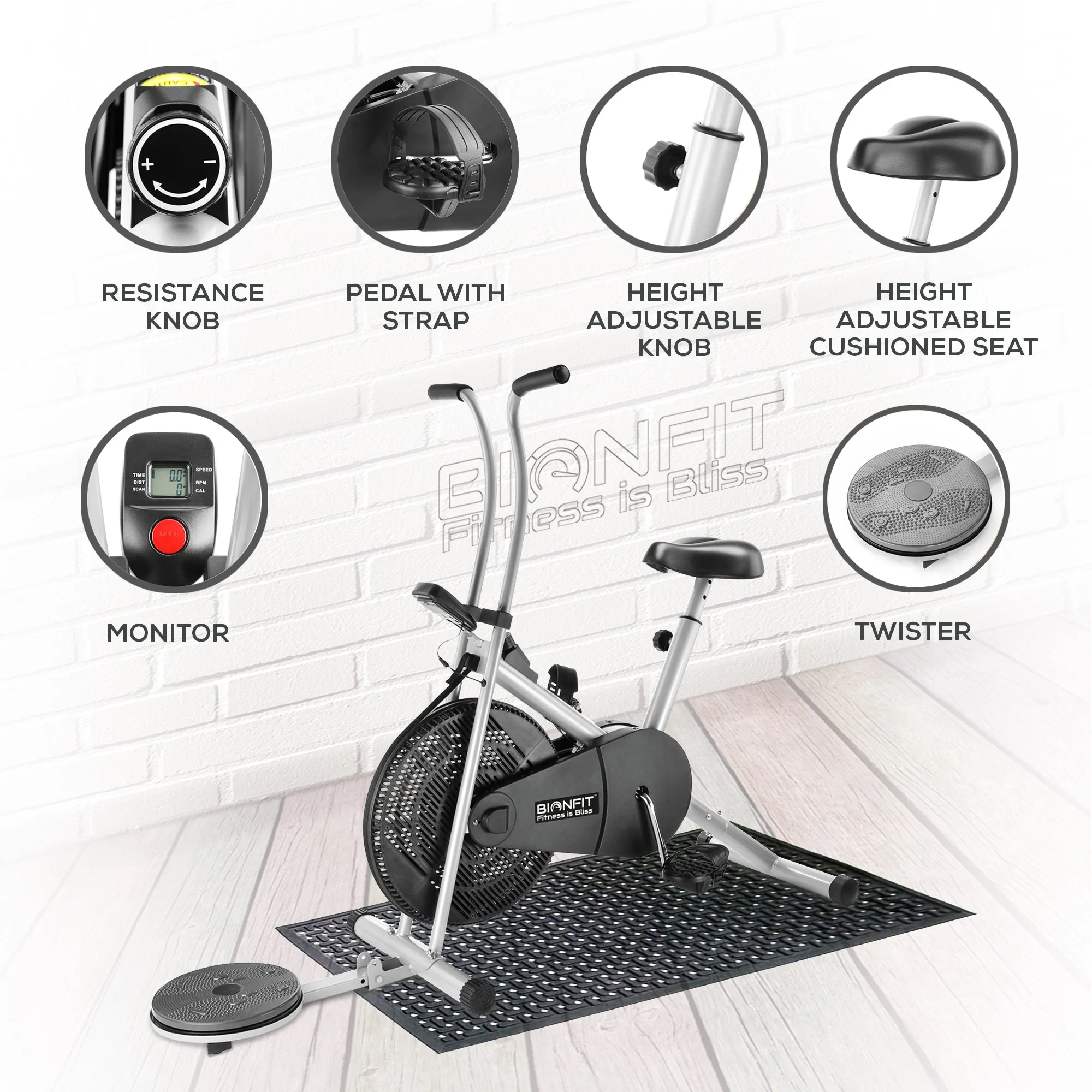 Bionfit ON03F 100kg Max Weight Fixed-Handle Air Bike with Twister Feature - 2 Year Warranty