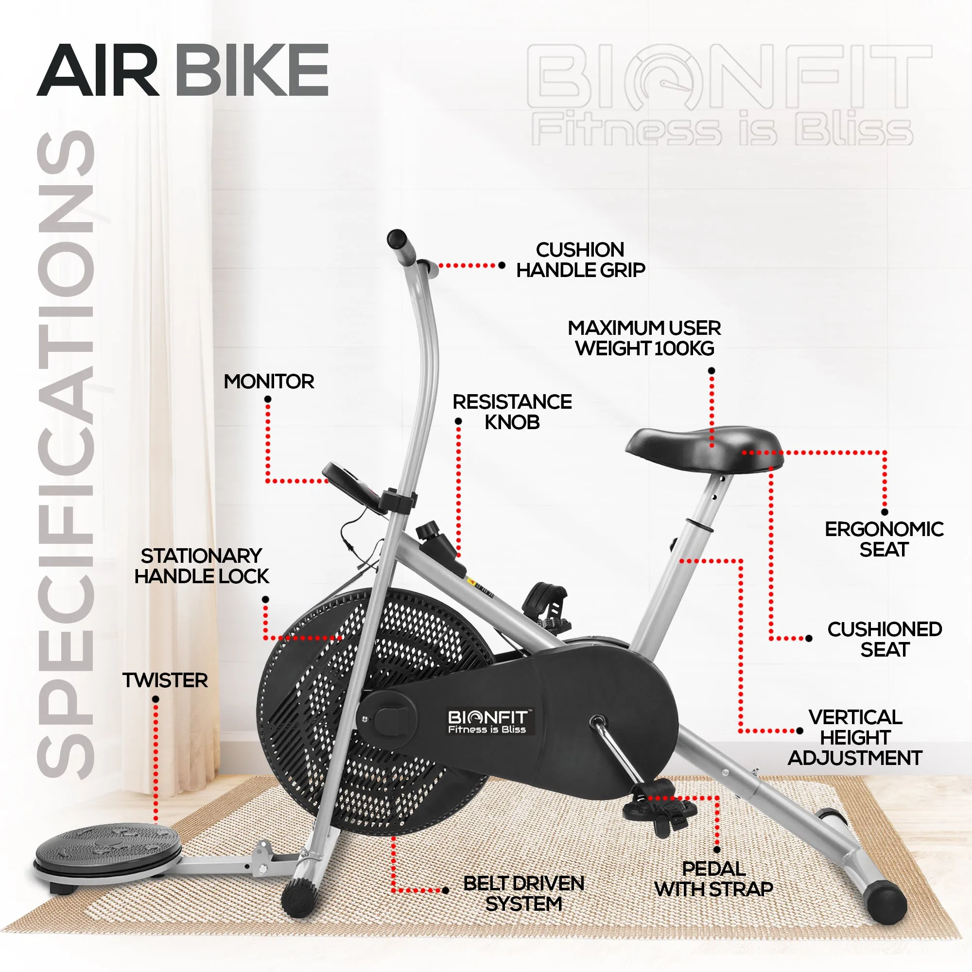 Bionfit ON03F 100kg Max Weight Fixed-Handle Air Bike with Twister Feature - 2 Year Warranty