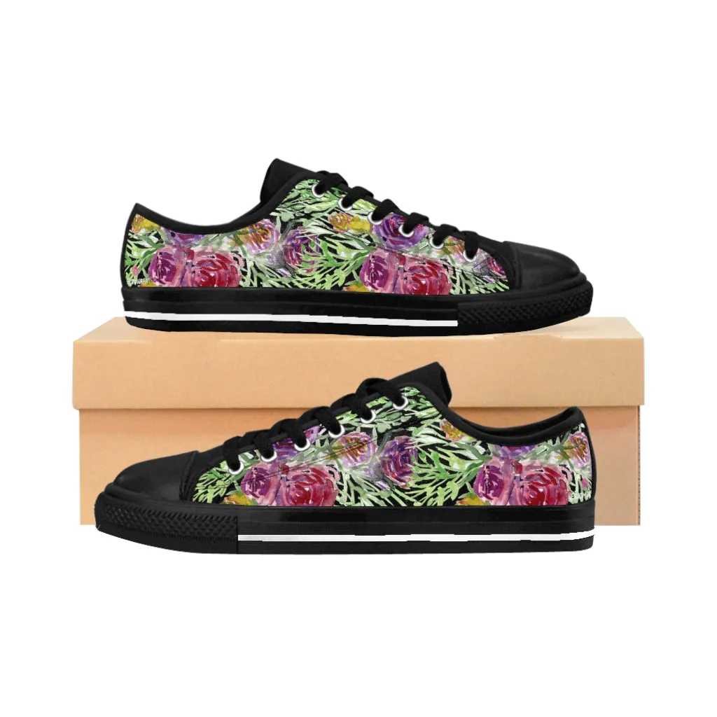 Black Floral Rose Women's Sneakers, Flower Print Best Tennis Casual Shoes For Women (US Size: 6-12)