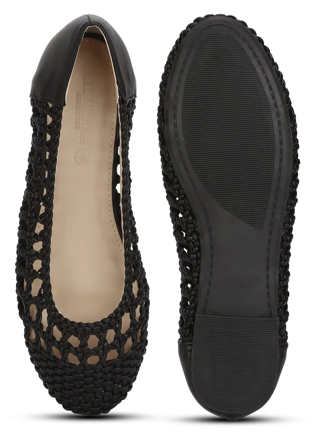 Black Pu Weave Flats