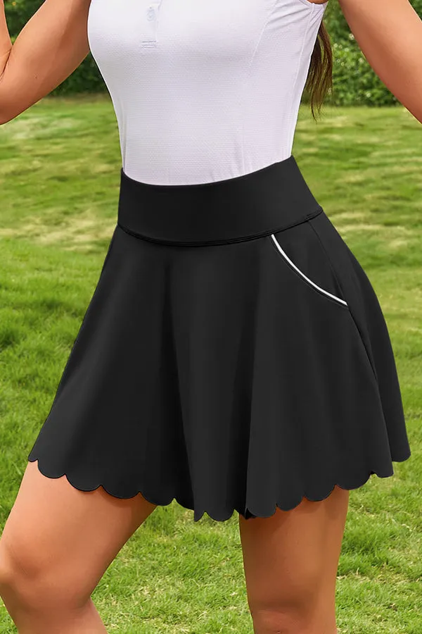 Black Scalloped High Waist Colorblock Pockets Tennis Skirt