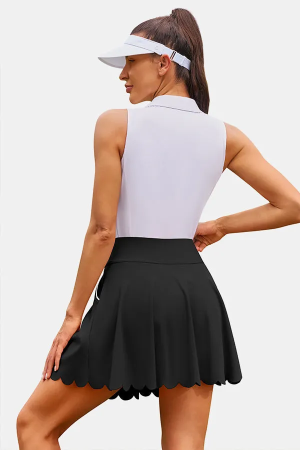 Black Scalloped High Waist Colorblock Pockets Tennis Skirt