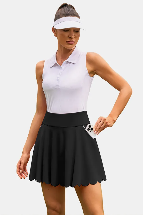 Black Scalloped High Waist Colorblock Pockets Tennis Skirt