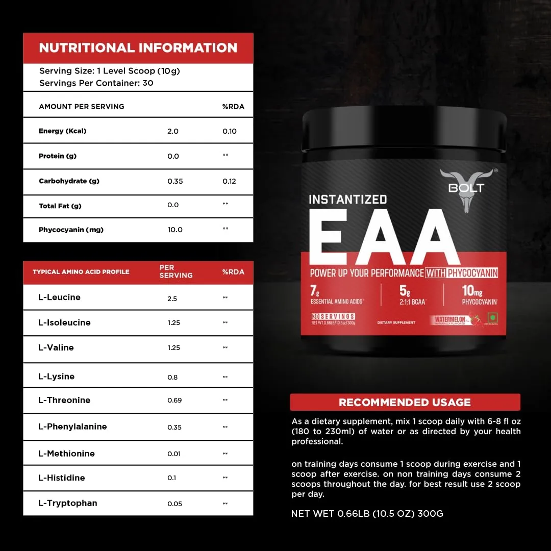 Bolt Nutrition Eaa 300Gm, 30 Servings|Nine Essential Amino Acid With Bcaa 5000|Eaa Supplement For Men & Women- Watermelon Fizz, Powder