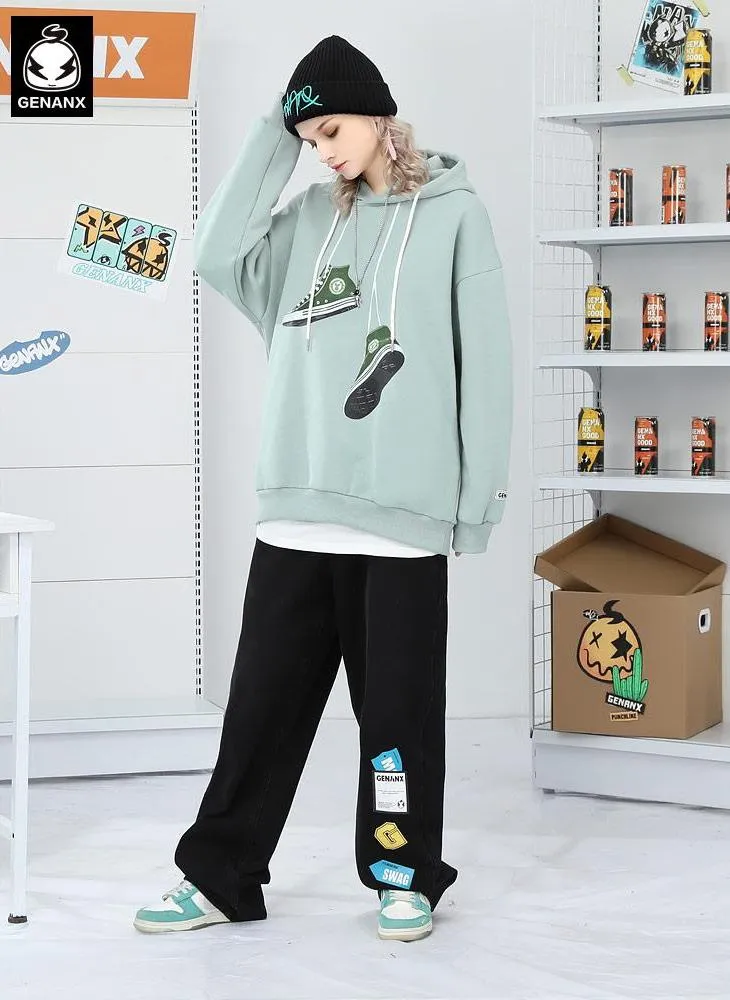 Canvas Shoes Print Drop-Shoulder Sleeve Hoodies