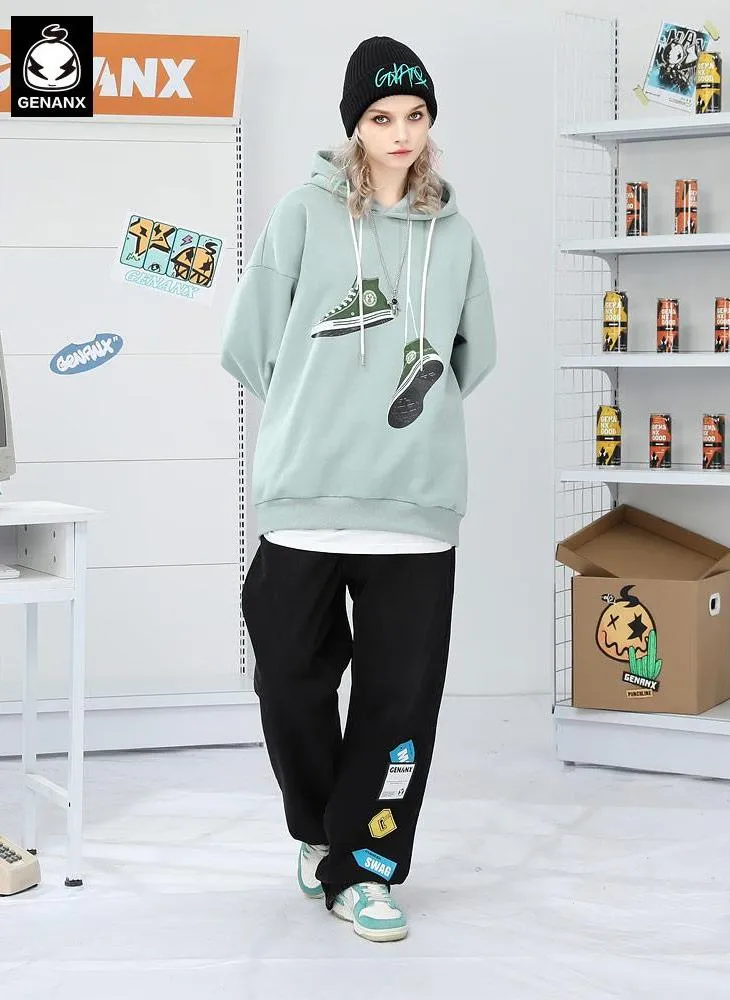 Canvas Shoes Print Drop-Shoulder Sleeve Hoodies