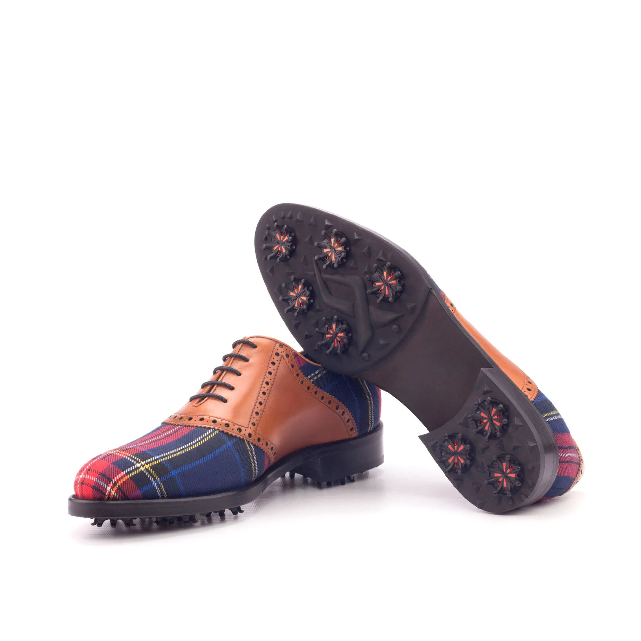 Cognac Calf & Tartan Fabric Saddle Golf Shoes