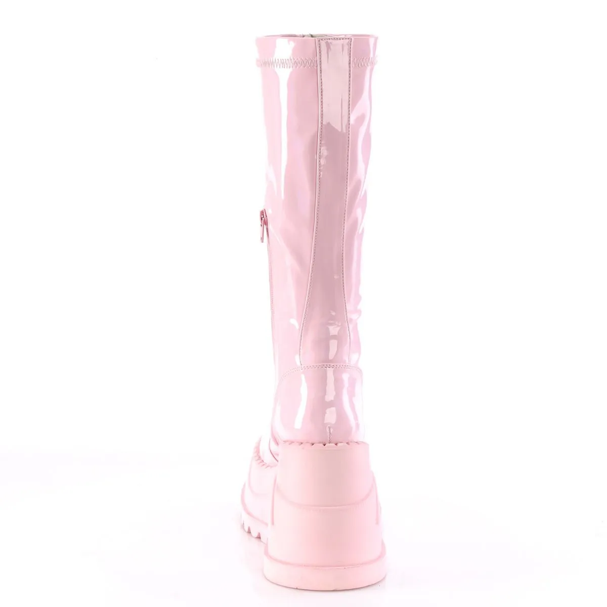 Demonia STOMP-200 | Pink Stretch Patent Leather Knee High Boots