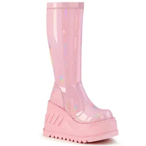 Demonia STOMP-200 | Pink Stretch Patent Leather Knee High Boots