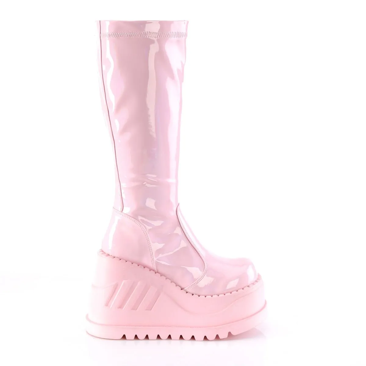 Demonia STOMP-200 | Pink Stretch Patent Leather Knee High Boots