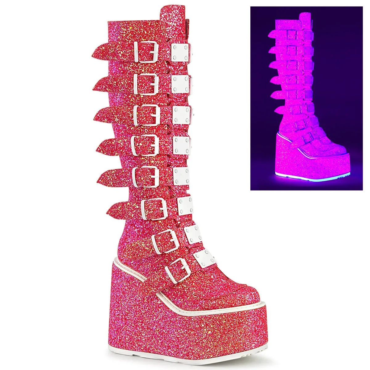 Demonia SWING-815UV | Pink Glitter Knee High Boots