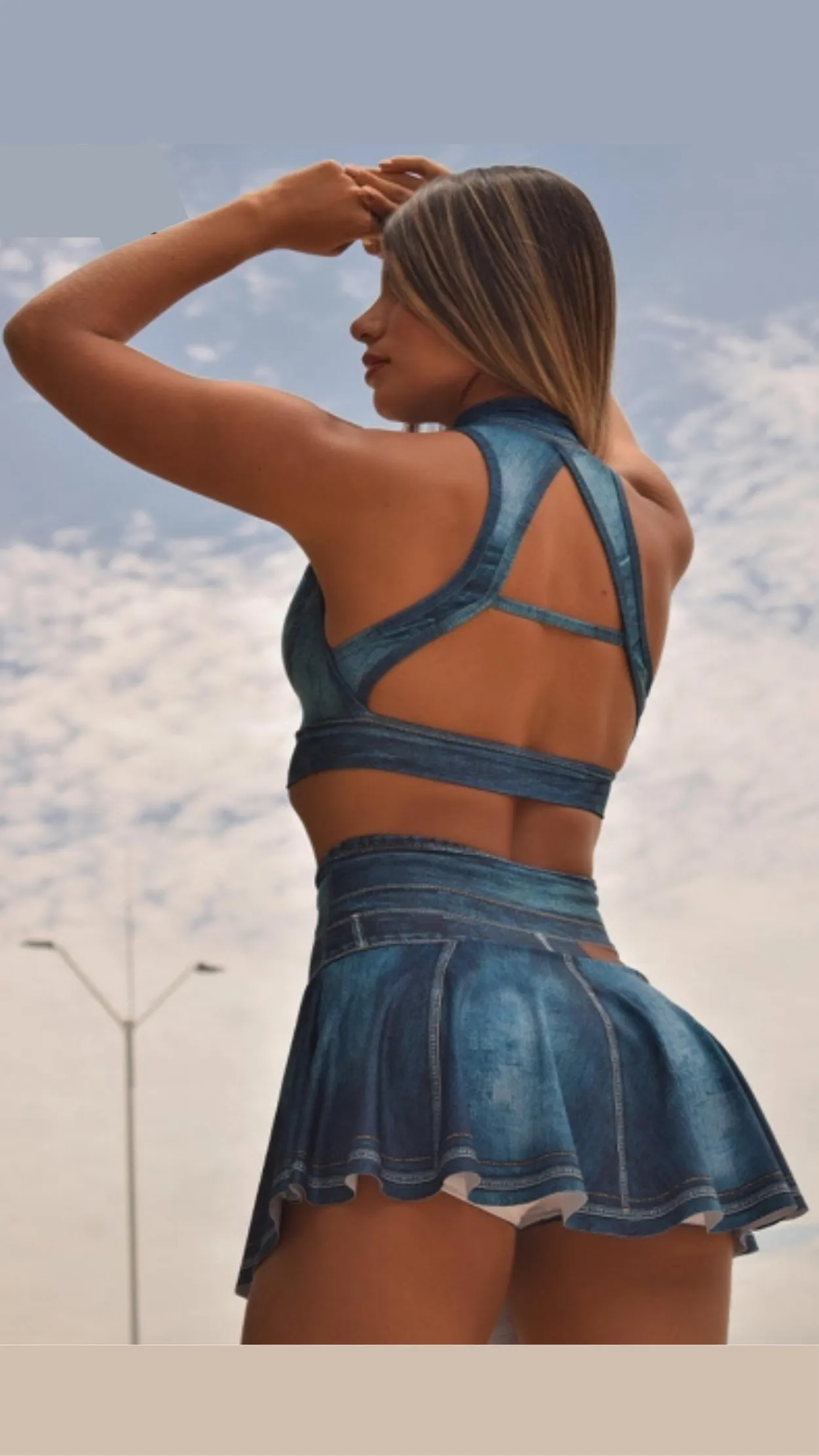 Denim Skirt with Inner Short and Crop-Top Set