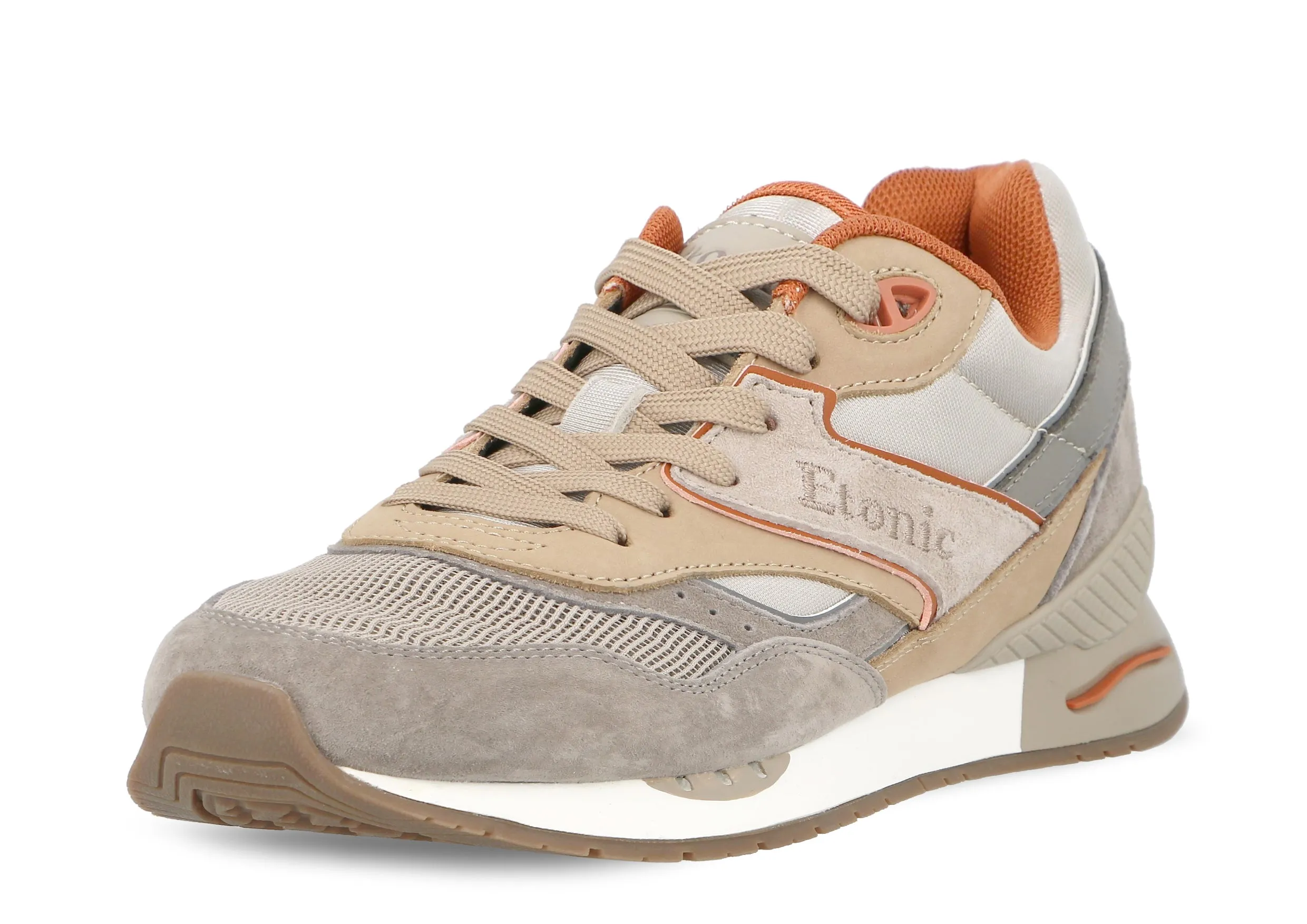 Etonic Stable Base sneakers in dark beige and light grey mesh fabric, dark beige suede with multi-layer caramel leather inserts and red details.