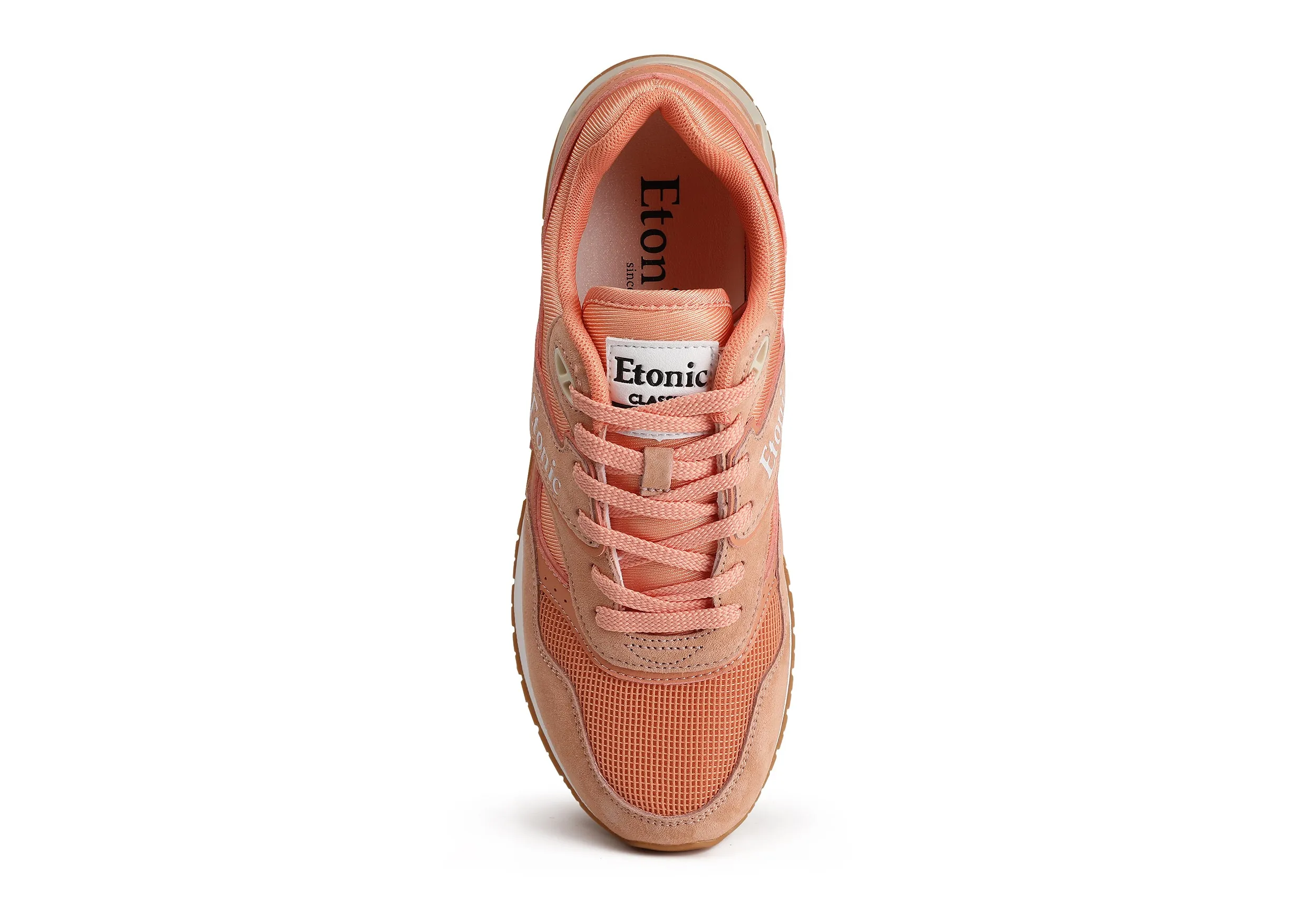 Etonic Stable Base sneakers in peach mesh fabric, peach suede with multi-layer peach leather inserts, off white midsole and light honey bottom outsole.