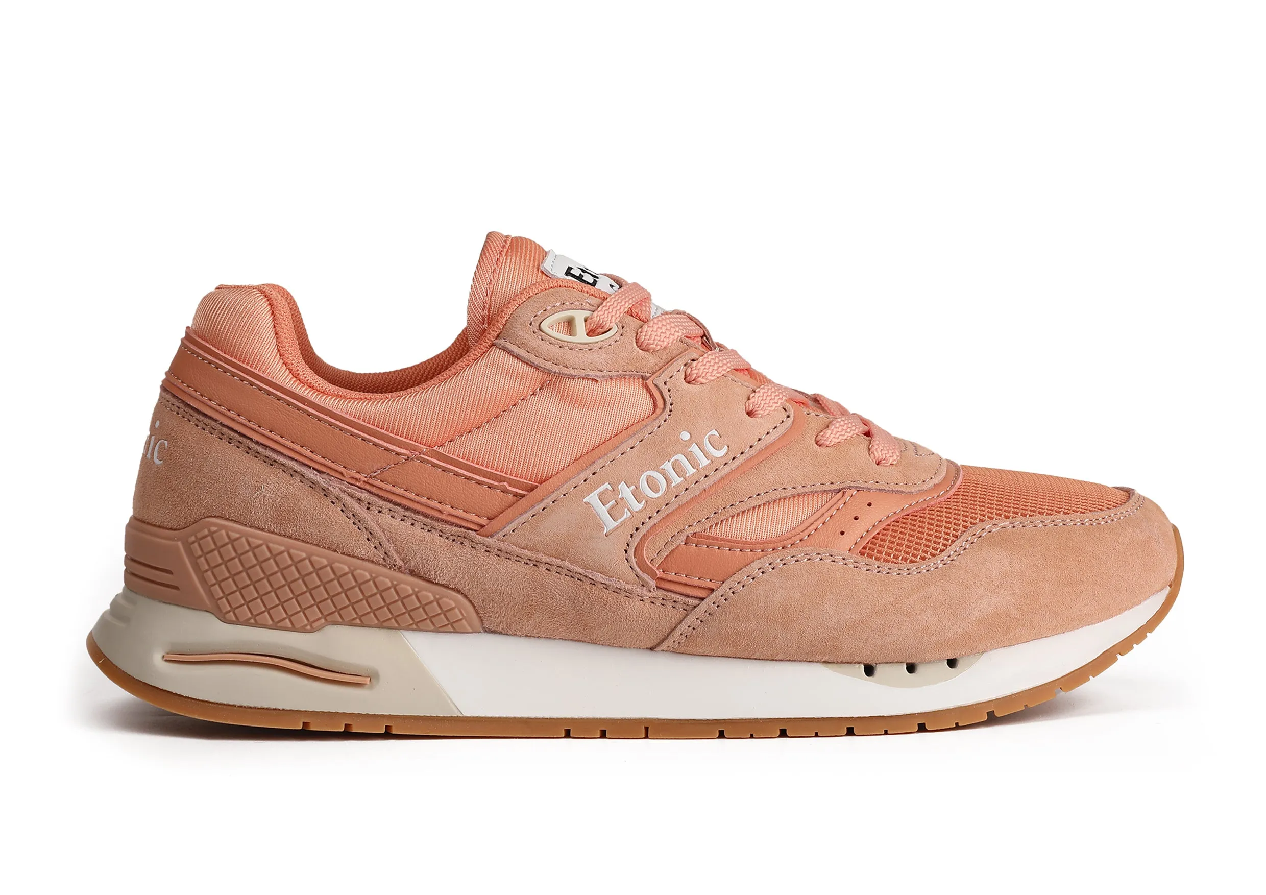 Etonic Stable Base sneakers in peach mesh fabric, peach suede with multi-layer peach leather inserts, off white midsole and light honey bottom outsole.