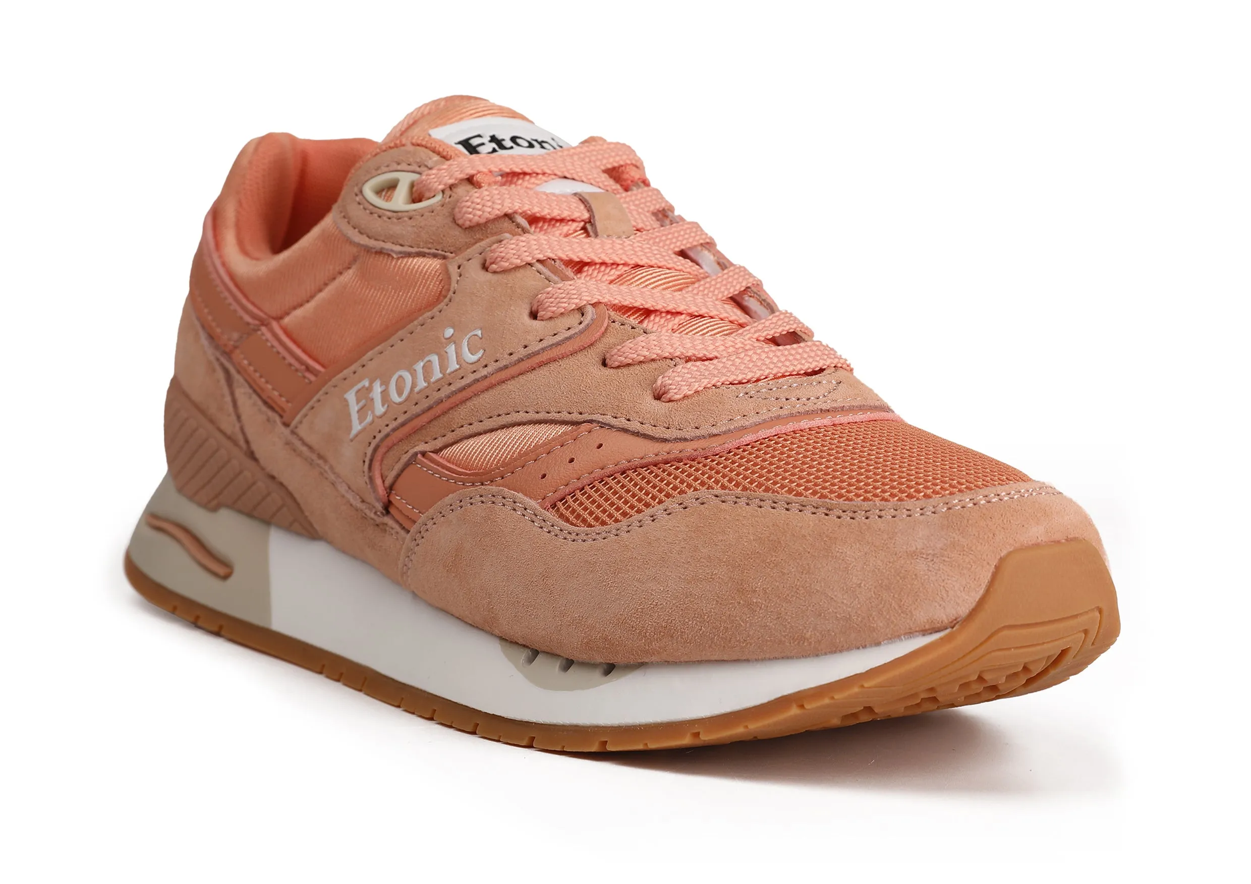 Etonic Stable Base sneakers in peach mesh fabric, peach suede with multi-layer peach leather inserts, off white midsole and light honey bottom outsole.