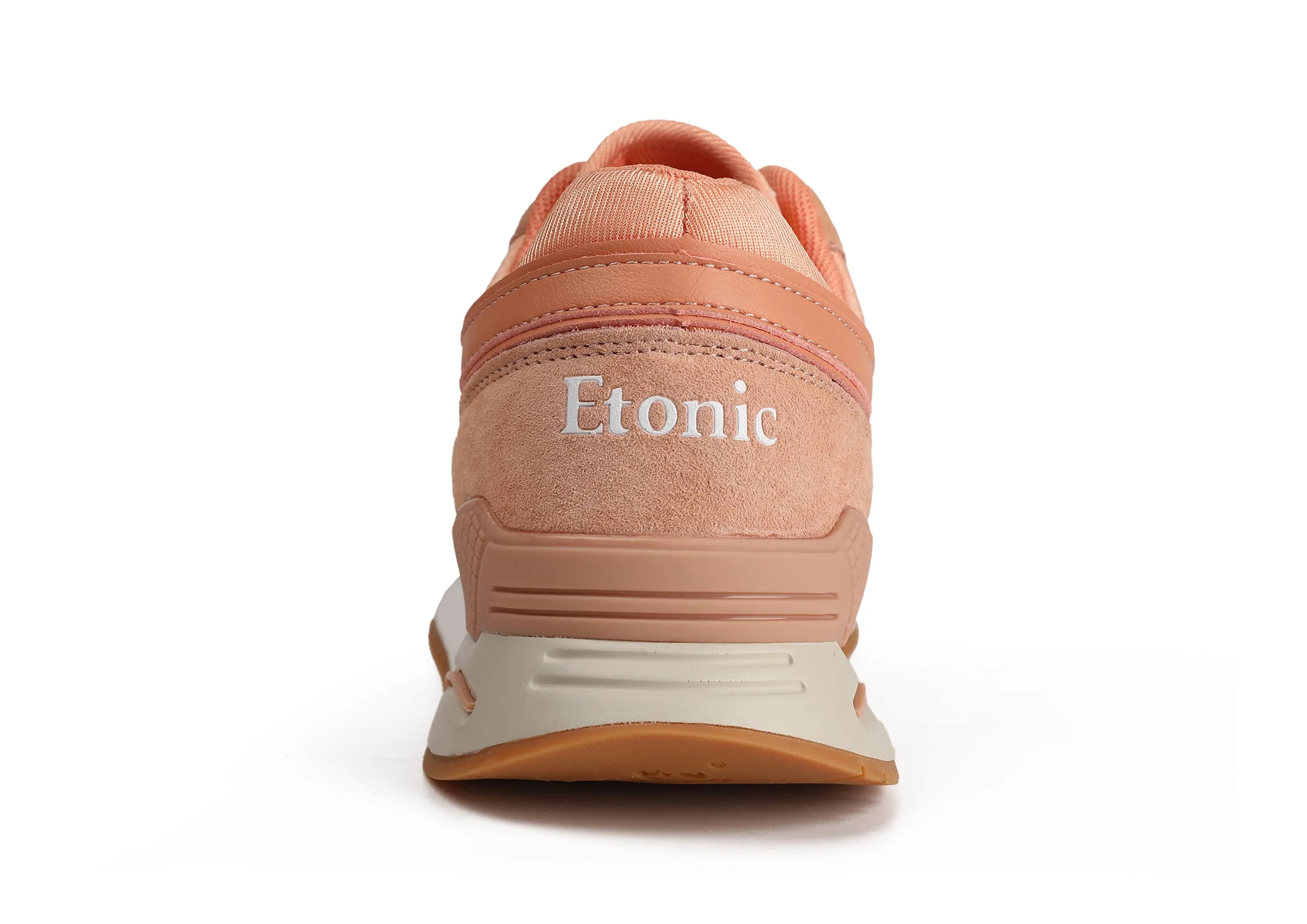 Etonic Stable Base sneakers in peach mesh fabric, peach suede with multi-layer peach leather inserts, off white midsole and light honey bottom outsole.