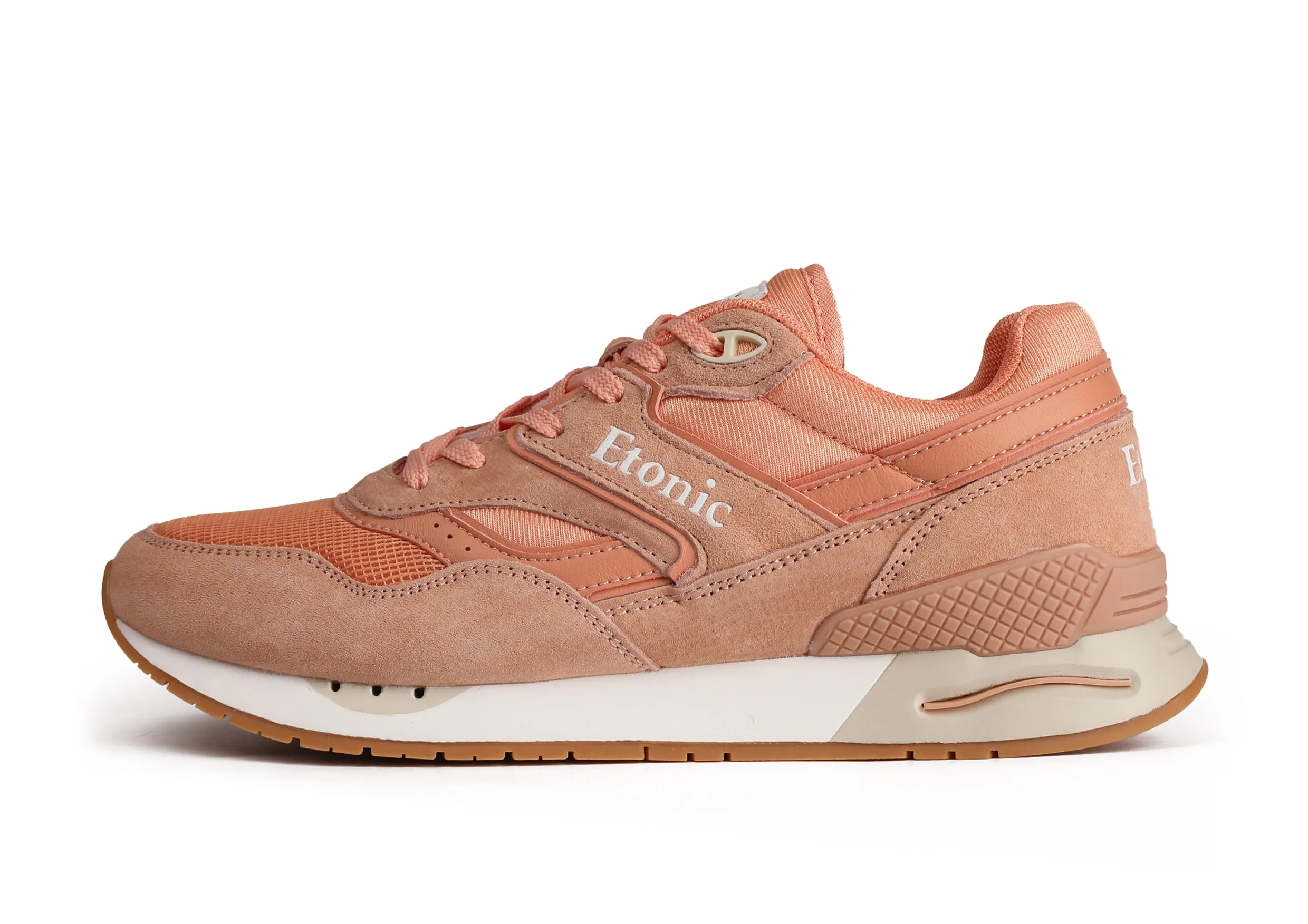 Etonic Stable Base sneakers in peach mesh fabric, peach suede with multi-layer peach leather inserts, off white midsole and light honey bottom outsole.