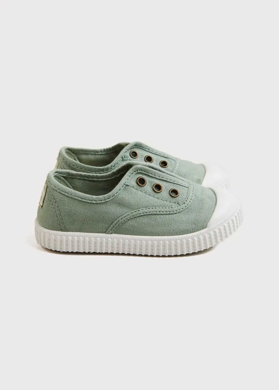 Faux Lace Hole Canvas Plimsolls in Green (24-34EU)