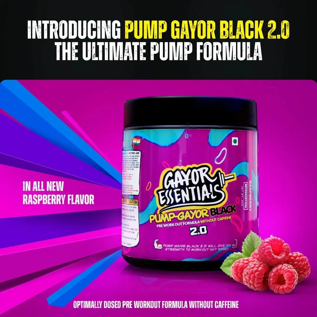 Gayor essentials Pump gayor black 2.O advanced pre workout formula without caffeine 10g citrulline malate caffeine free preworkout (351g, Raspberry)