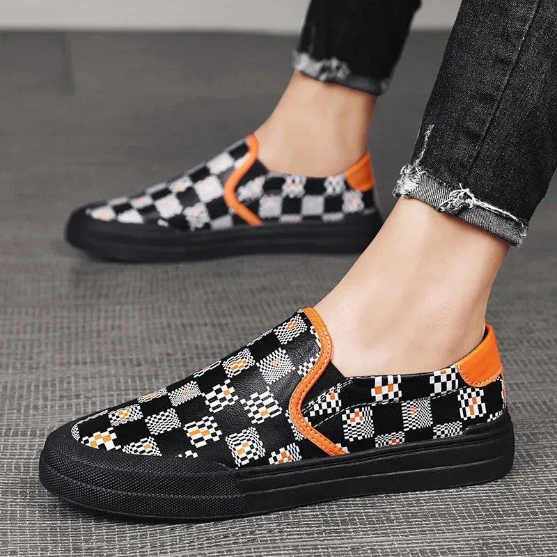 Genuine Leather Checkered Slip-on Sneakers