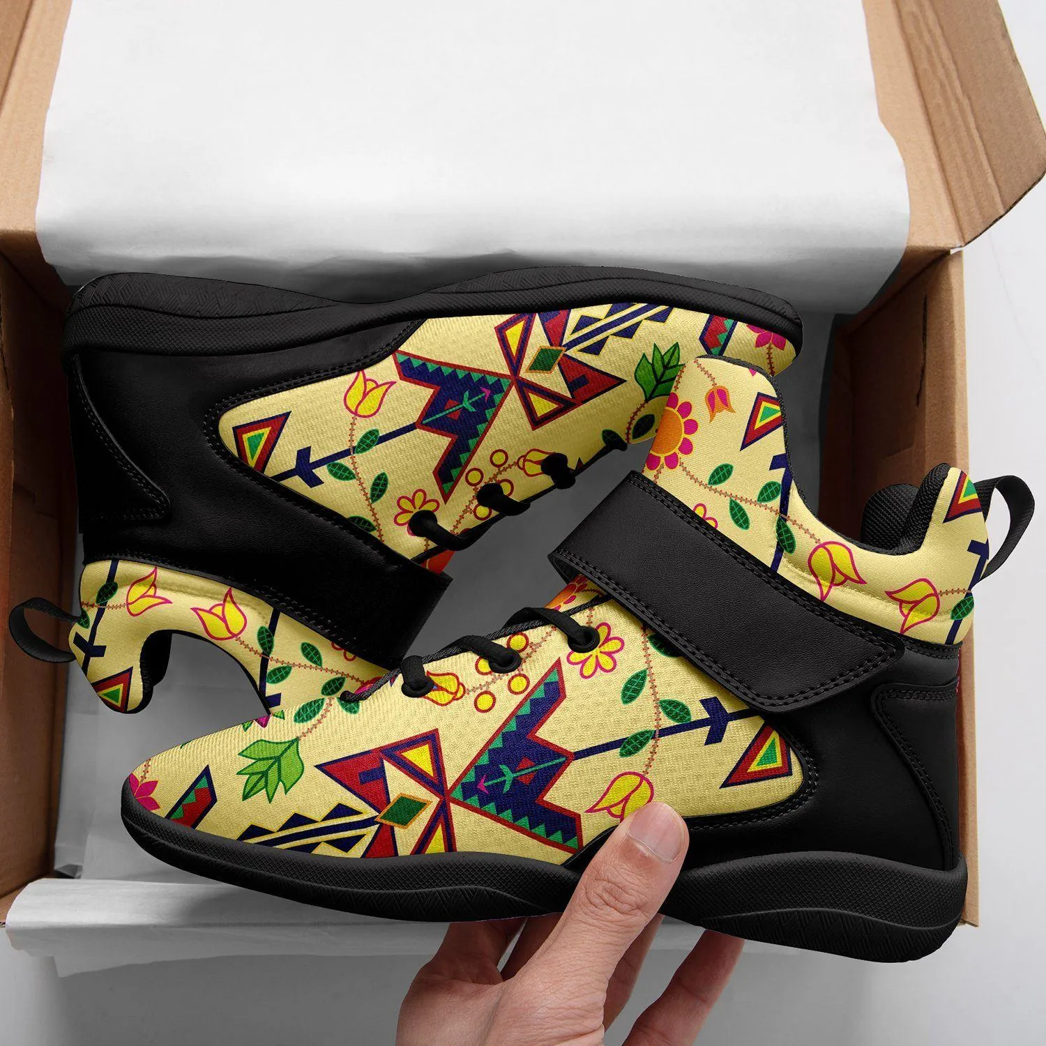 Geometric Floral Spring Vanilla Ipottaa Basketball / Sport High Top Shoes - Black Sole