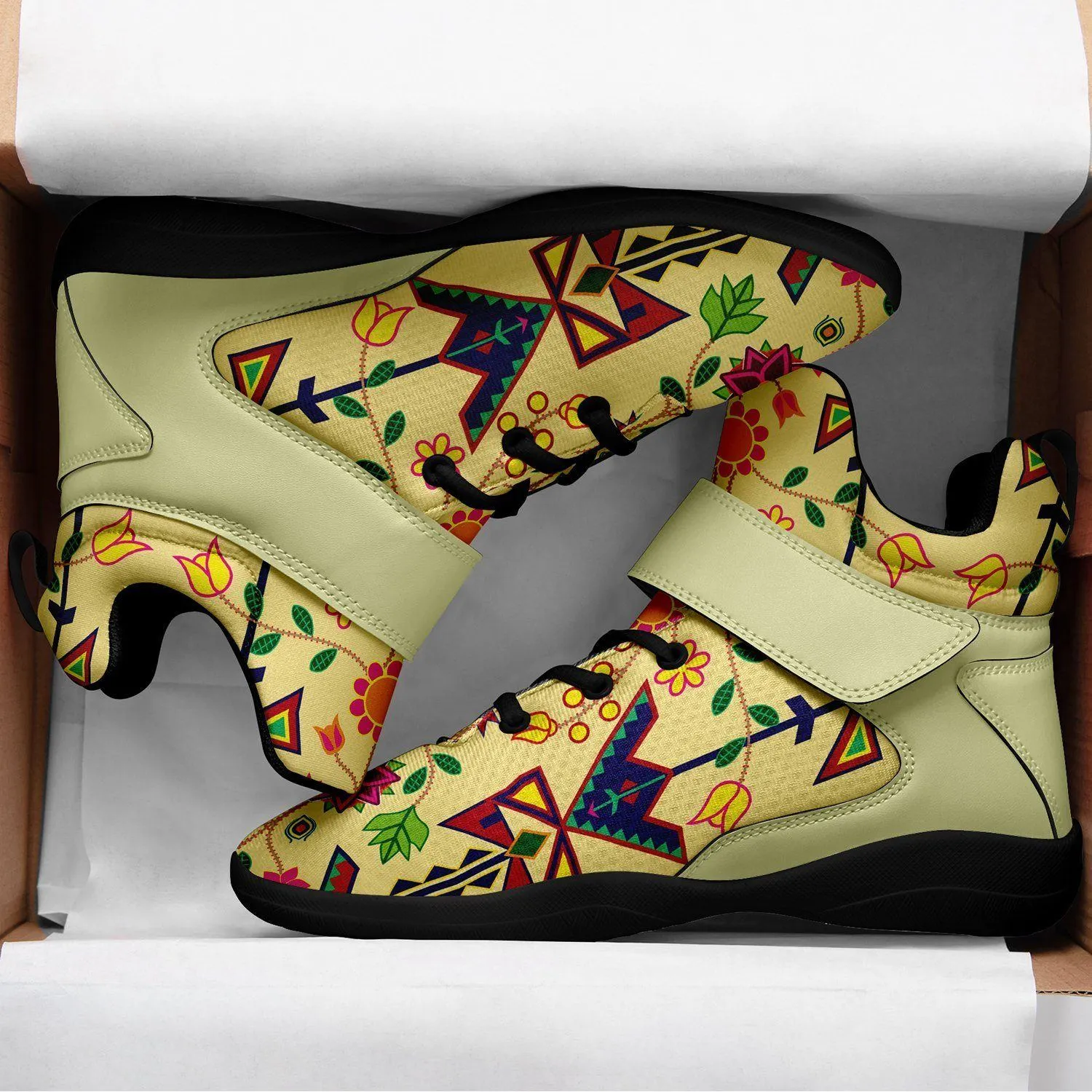 Geometric Floral Spring Vanilla Ipottaa Basketball / Sport High Top Shoes - Black Sole