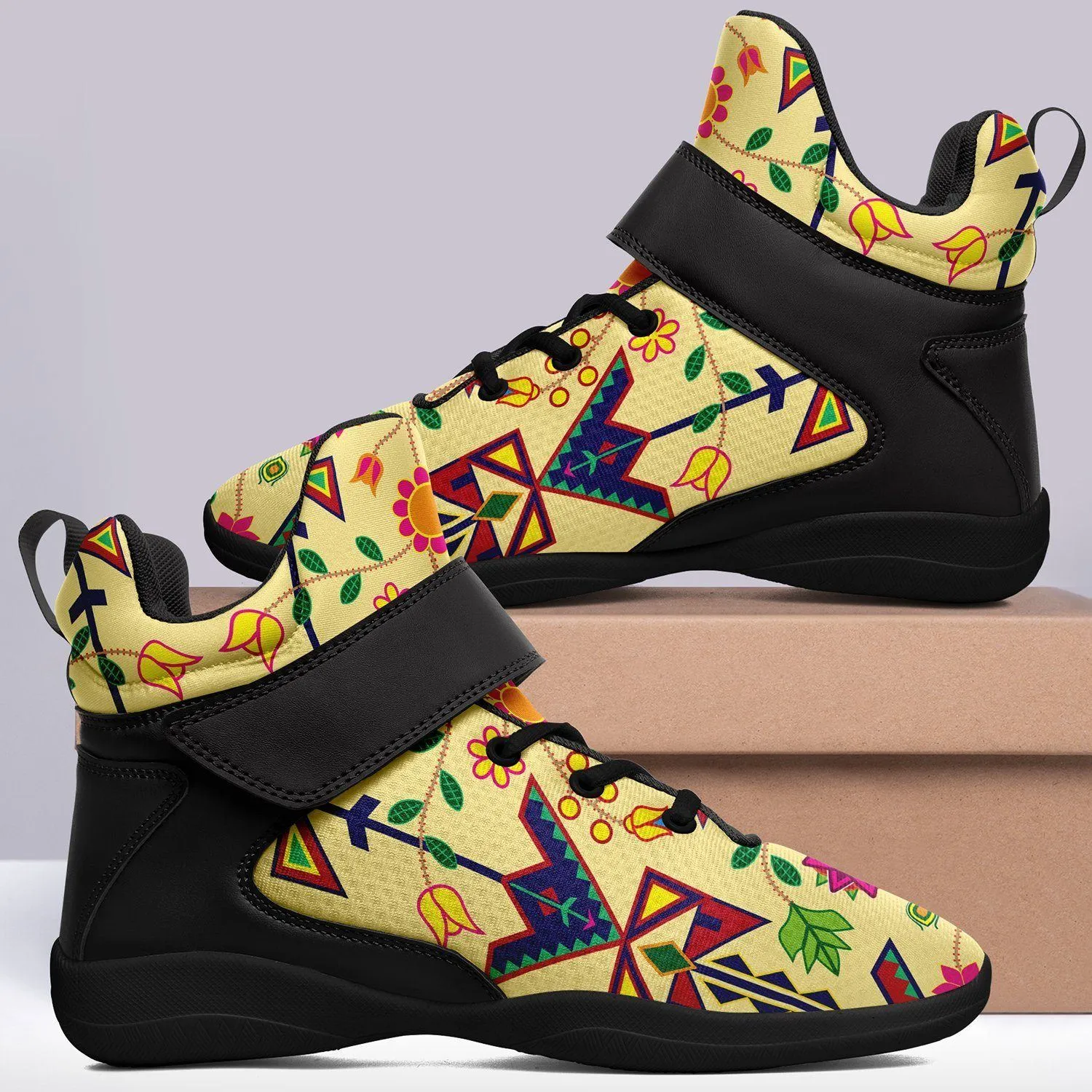 Geometric Floral Spring Vanilla Ipottaa Basketball / Sport High Top Shoes - Black Sole