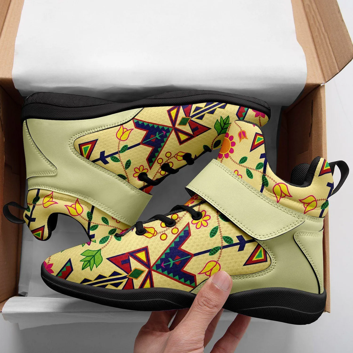 Geometric Floral Spring Vanilla Ipottaa Basketball / Sport High Top Shoes - Black Sole