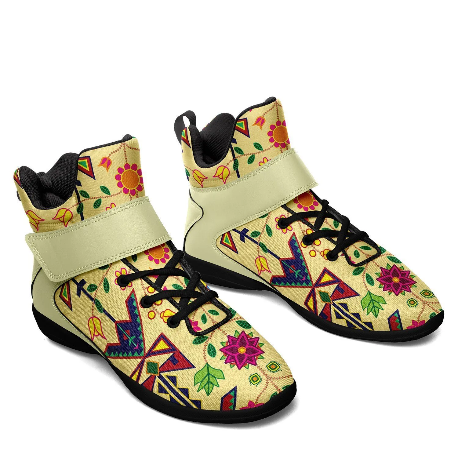 Geometric Floral Spring Vanilla Ipottaa Basketball / Sport High Top Shoes - Black Sole