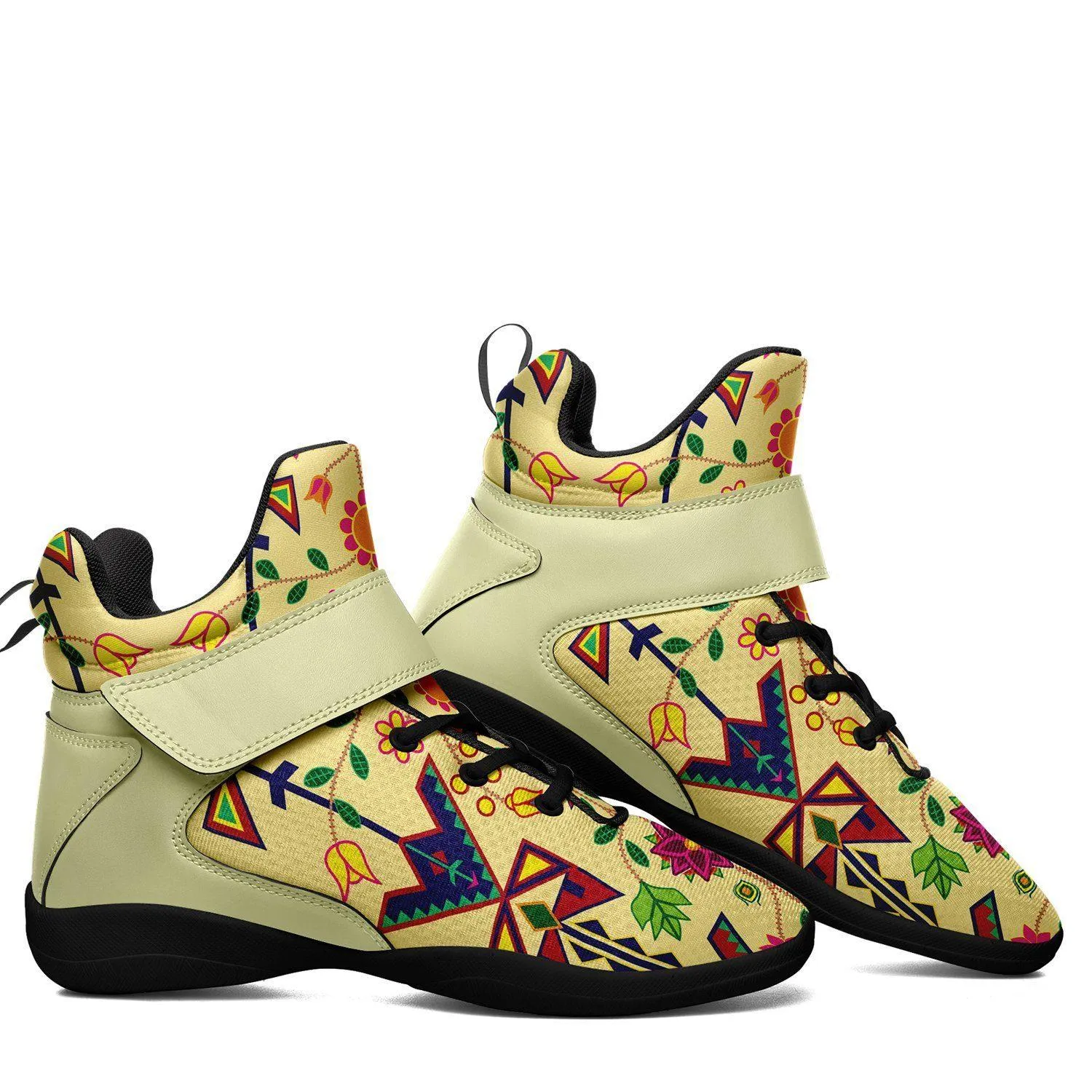 Geometric Floral Spring Vanilla Ipottaa Basketball / Sport High Top Shoes - Black Sole